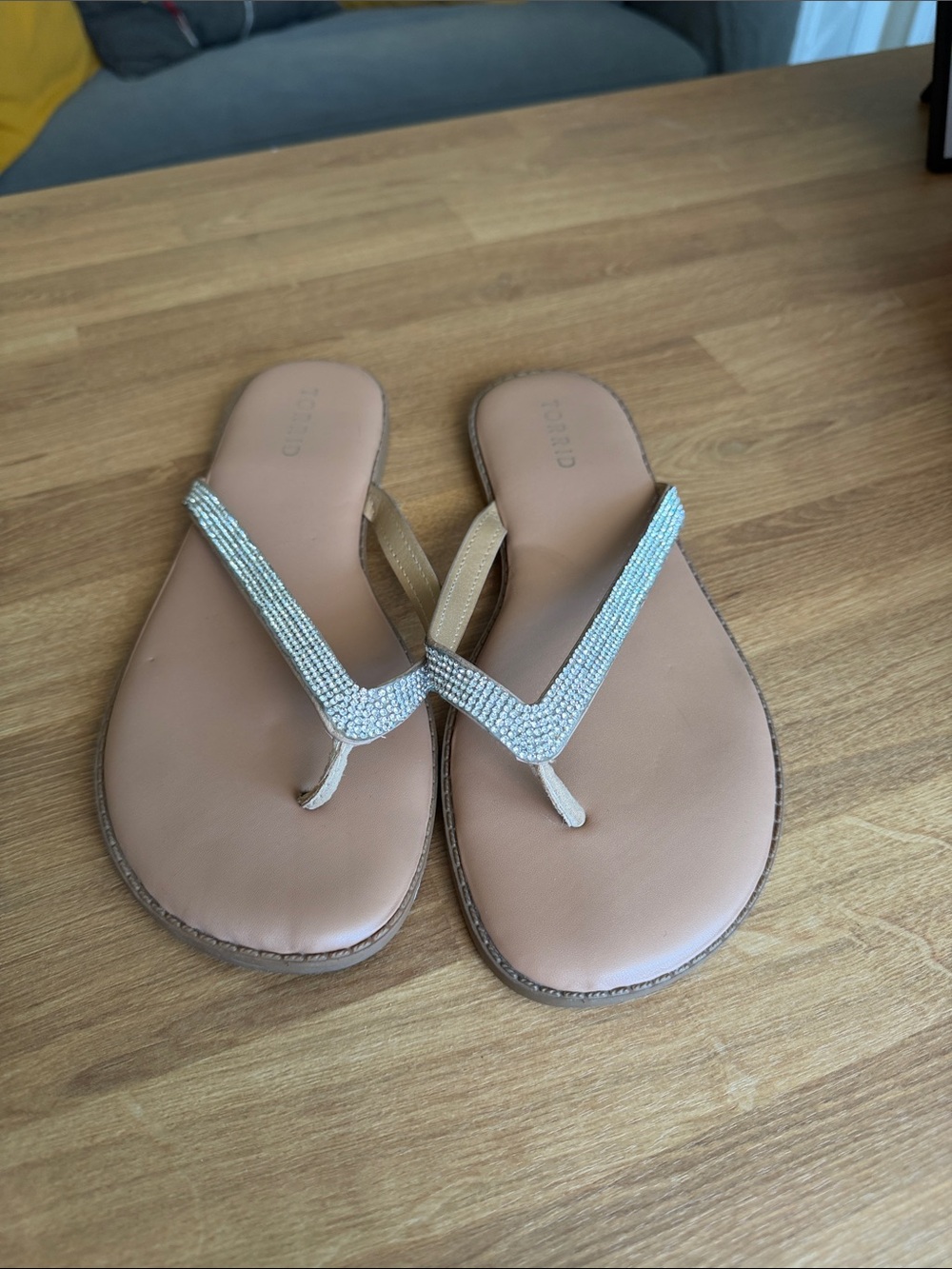 Crystal Embellished Beige Flip Flop Sandals - Women